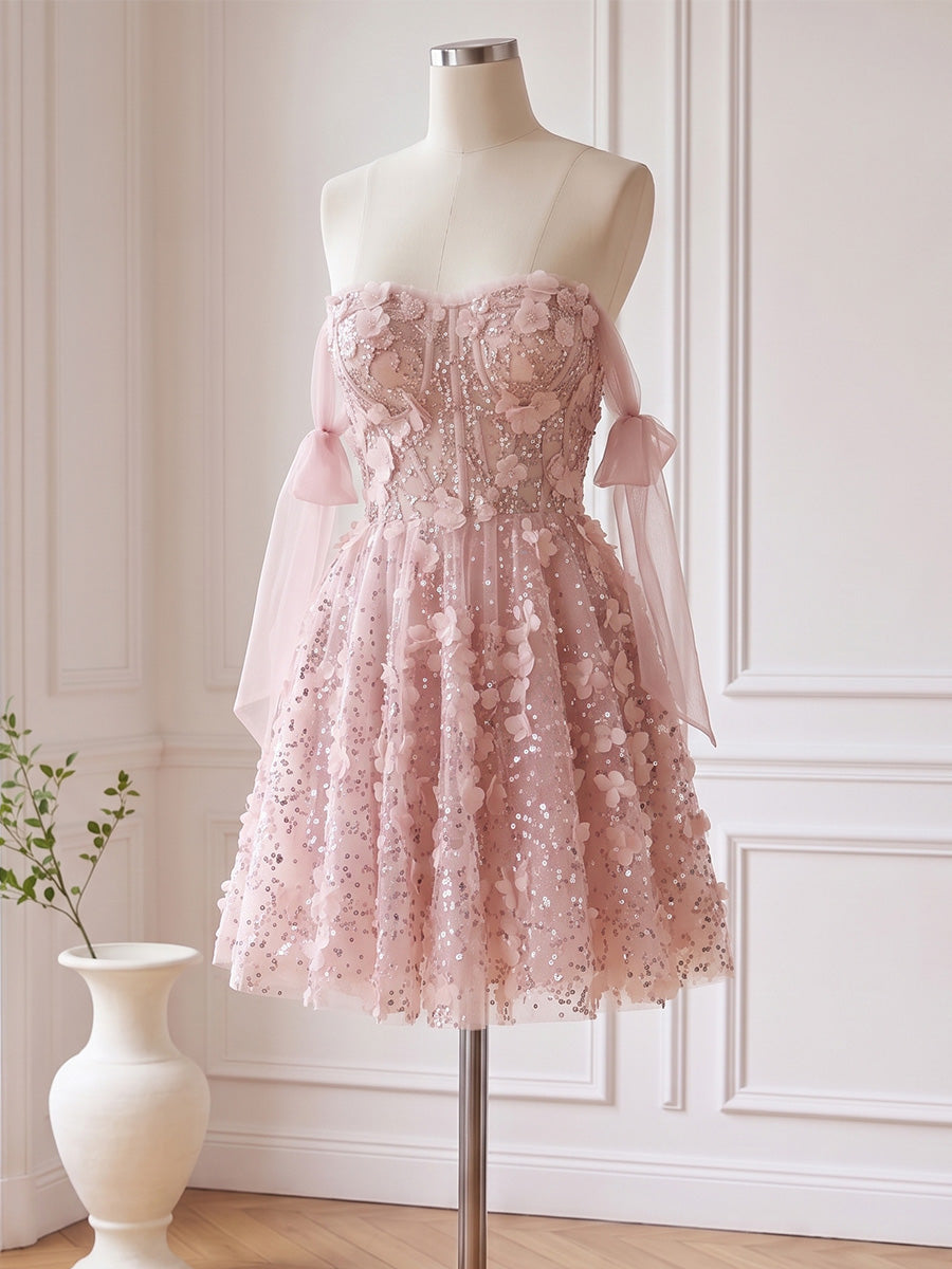 Pink 3D Floral Sequin Tulle Mini Prom Dresses Off Shoulder Sweetheart
