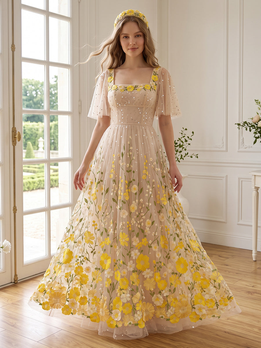 Yellow Floral Embroidered Long Prom Dresses Short Sleeve Square Neck A Line with Sequin