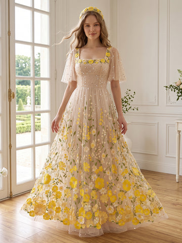 Yellow Floral Embroidered Long Prom Dresses Short Sleeve Square Neck A Line with Sequin