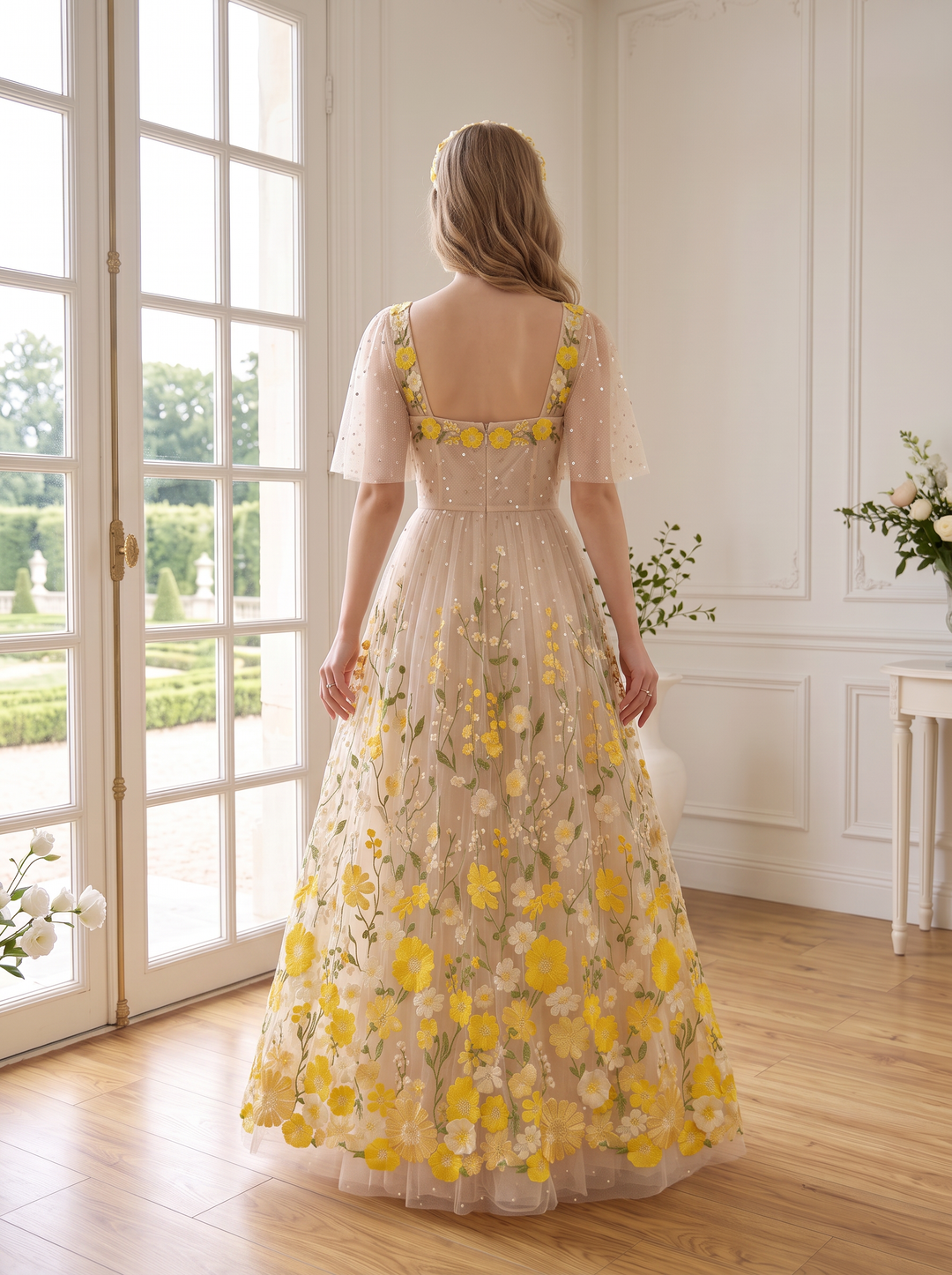 Yellow Floral Embroidered Long Prom Dresses Short Sleeve Square Neck A Line with Sequin