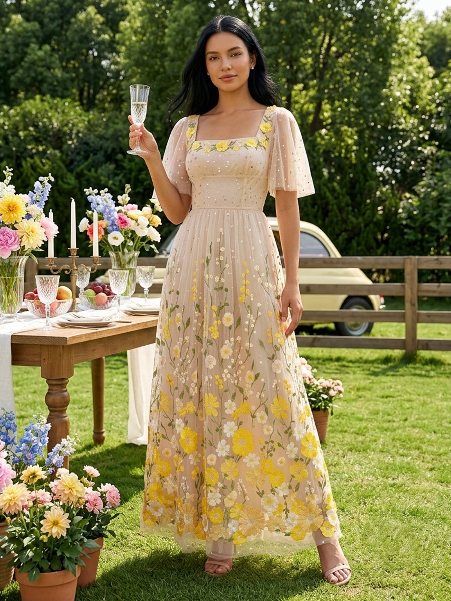 Yellow Floral Embroidered Long Prom Dresses Short Sleeve Square Neck A Line with Sequin