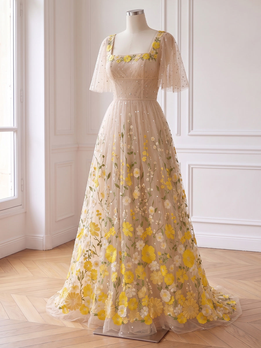 Yellow Floral Embroidered Long Prom Dresses Short Sleeve Square Neck A Line with Sequin