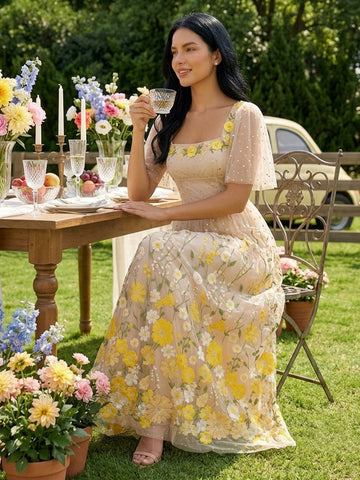 Yellow Floral Embroidered Long Prom Dresses Short Sleeve Square Neck A Line with Sequin