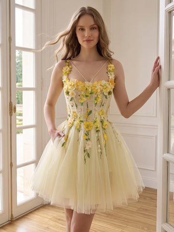 Yellow Floral Embroidered Mini Prom Dresses Square Neck A Line