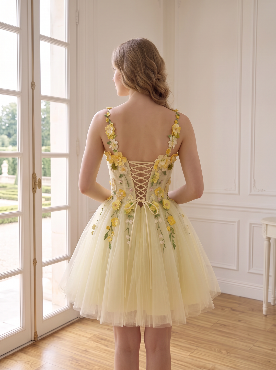 Yellow Floral Embroidered Mini Prom Dresses Square Neck A Line