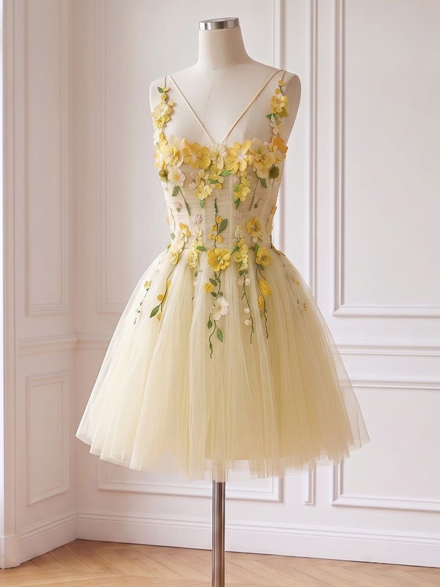 Yellow Floral Embroidered Mini Prom Dresses Square Neck A Line