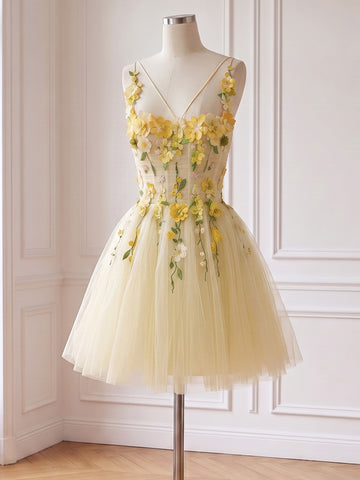 Yellow Floral Embroidered Mini Prom Dresses Square Neck A Line