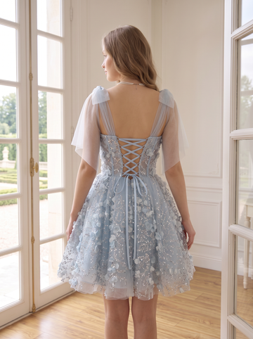 3D Floral Sequin Tulle Mini Prom Dresses Bow Straps Square Neck