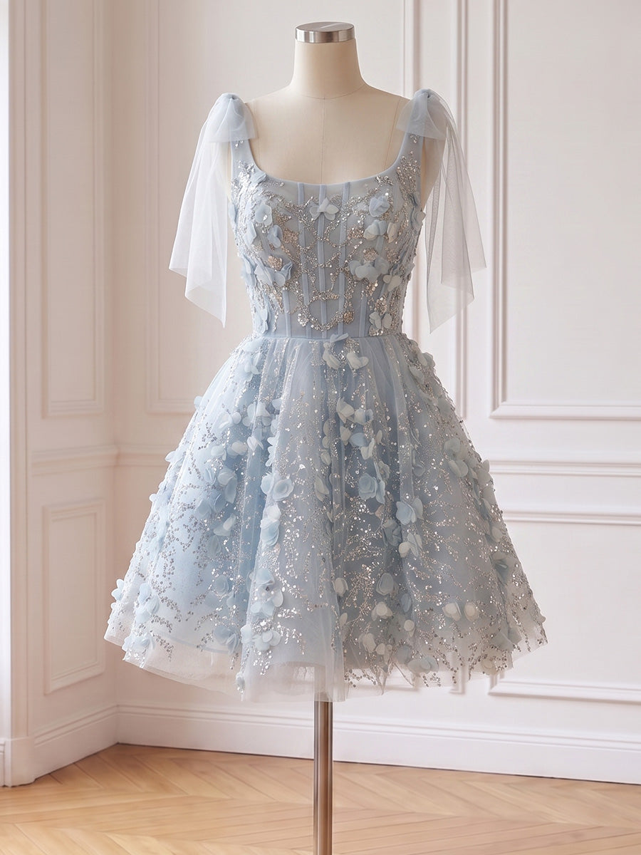 3D Floral Sequin Tulle Mini Prom Dresses Bow Straps Square Neck
