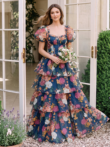 Floral Print Chiffon Prom Dresses Puff Sleeve Sweetheart Tiered Ruffle A Line