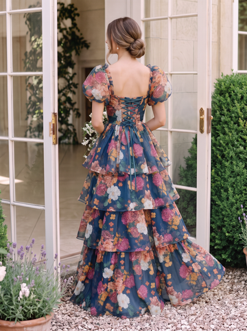 Floral Print Chiffon Prom Dresses Puff Sleeve Sweetheart Tiered Ruffle A Line
