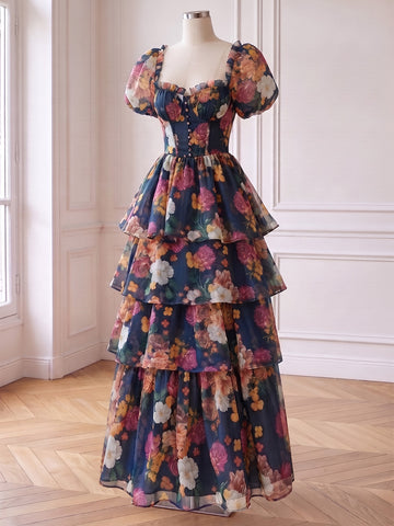 Floral Print Chiffon Prom Dresses Puff Sleeve Sweetheart Tiered Ruffle A Line