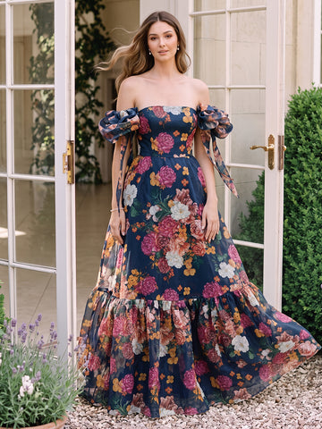 Floral Print Chiffon Prom Dresses Strapless Tiered Ruffle A Line