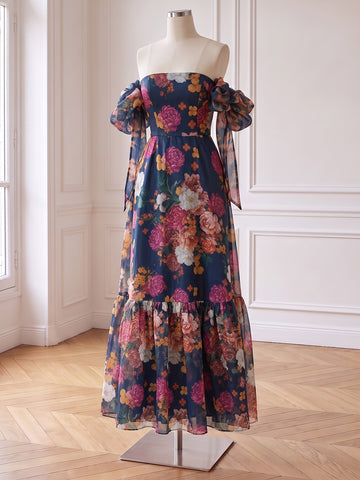Floral Print Chiffon Prom Dresses Strapless Tiered Ruffle A Line