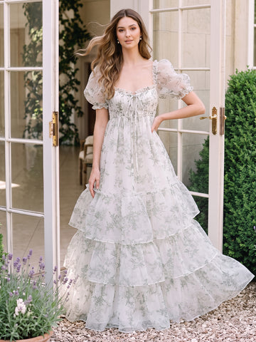 Floral Print Chiffon Prom Dresses Sage Long Tiered Ruffle A Line Puff Sleeve
