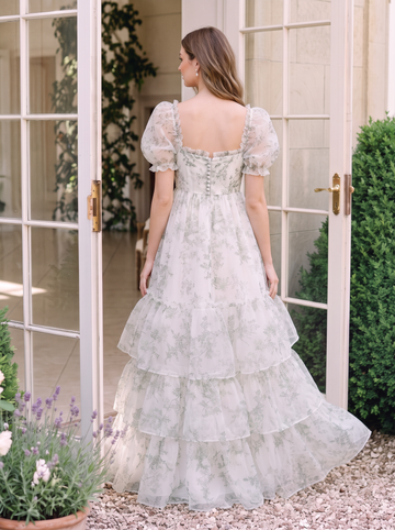 Floral Print Chiffon Prom Dresses Sage Long Tiered Ruffle A Line Puff Sleeve