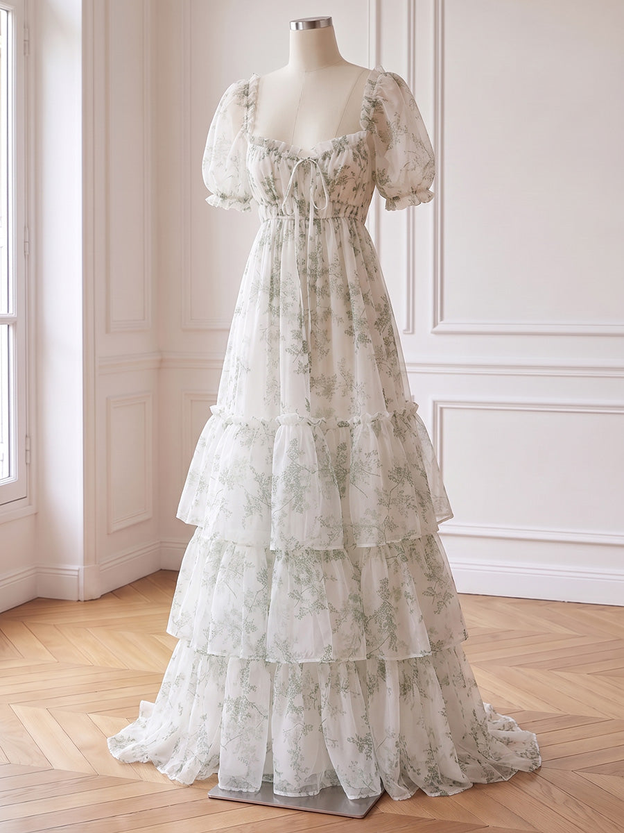 Floral Print Chiffon Prom Dresses Sage Long Tiered Ruffle A Line Puff Sleeve