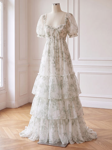 Floral Print Chiffon Prom Dresses Sage Long Tiered Ruffle A Line Puff Sleeve