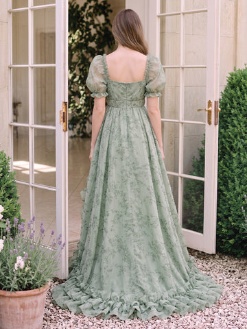 Floral Print Chiffon Prom Dresses Sage High Low Tiered Ruffle A Line