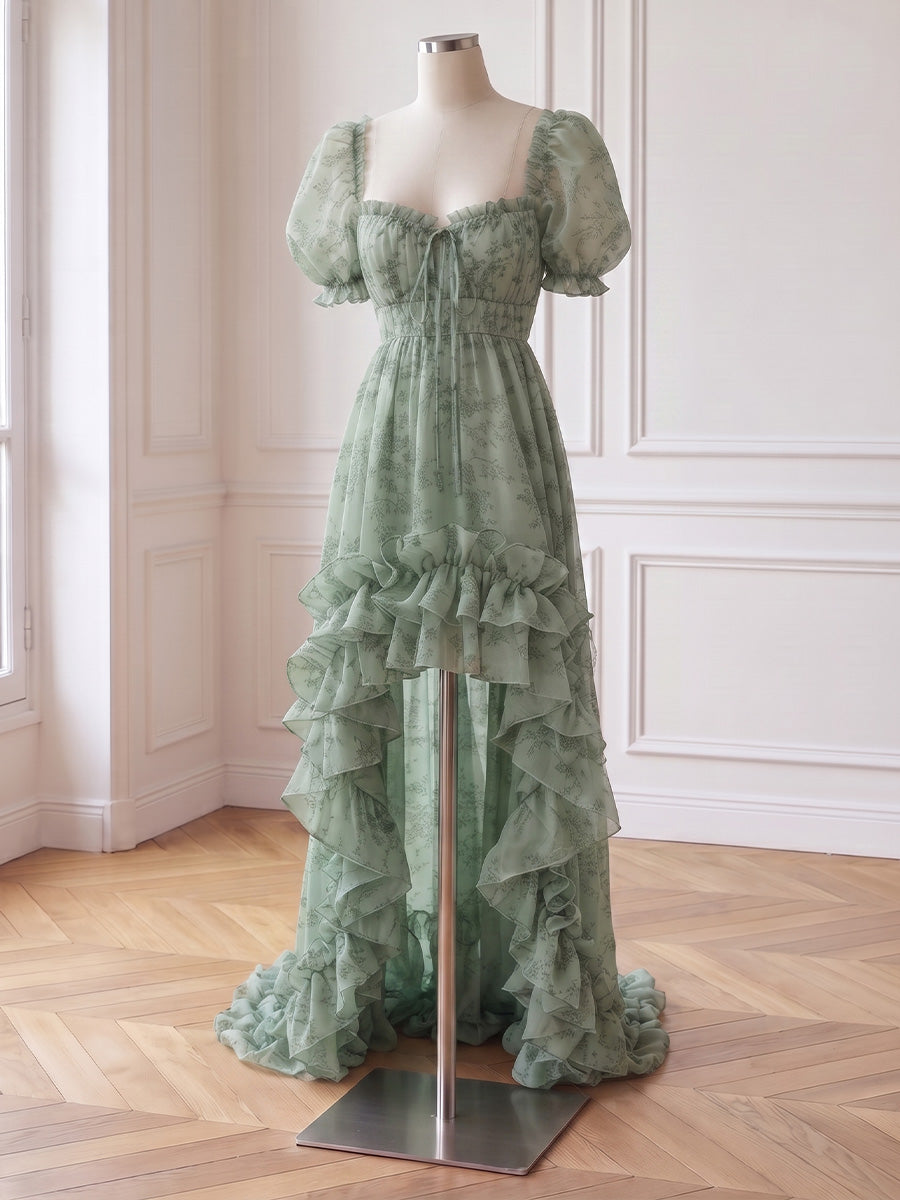 Floral Print Chiffon Prom Dresses Sage High Low Tiered Ruffle A Line