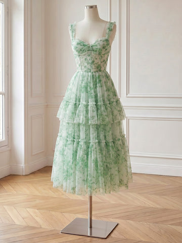 Green Floral Print Tulle Prom Dresses Spaghetti Strap Sweetheart Tiered Ruffle