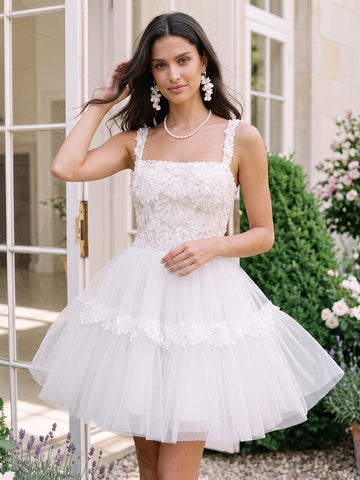 3D Floral Sequin Tulle Mini Prom Dresses White Tiered Square Neck