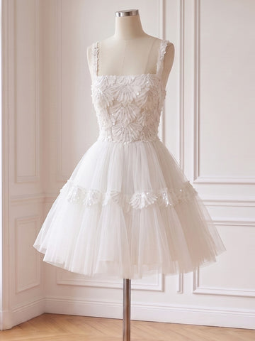 3D Floral Sequin Tulle Mini Prom Dresses White Tiered Square Neck
