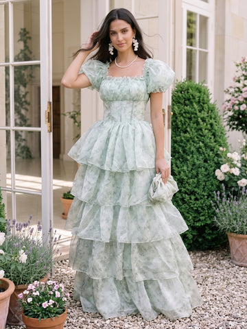 Floral Print Chiffon Prom Dresses Sage Long Tiered Ruffle Square Neck Puff Sleeve