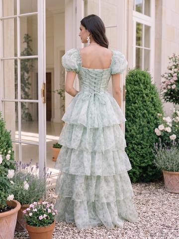 Floral Print Chiffon Prom Dresses Sage Long Tiered Ruffle Square Neck Puff Sleeve