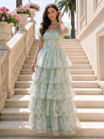Floral Print Chiffon Prom Dresses Sage Long Tiered Ruffle Square Neck Puff Sleeve