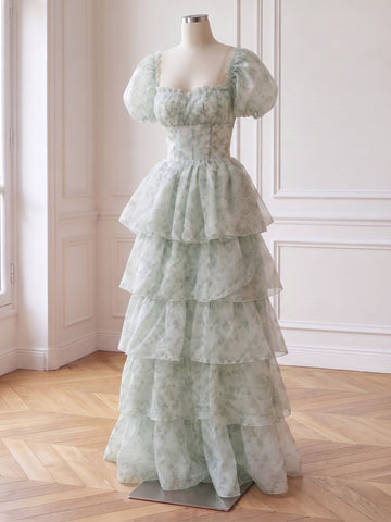 Floral Print Chiffon Prom Dresses Sage Long Tiered Ruffle Square Neck Puff Sleeve