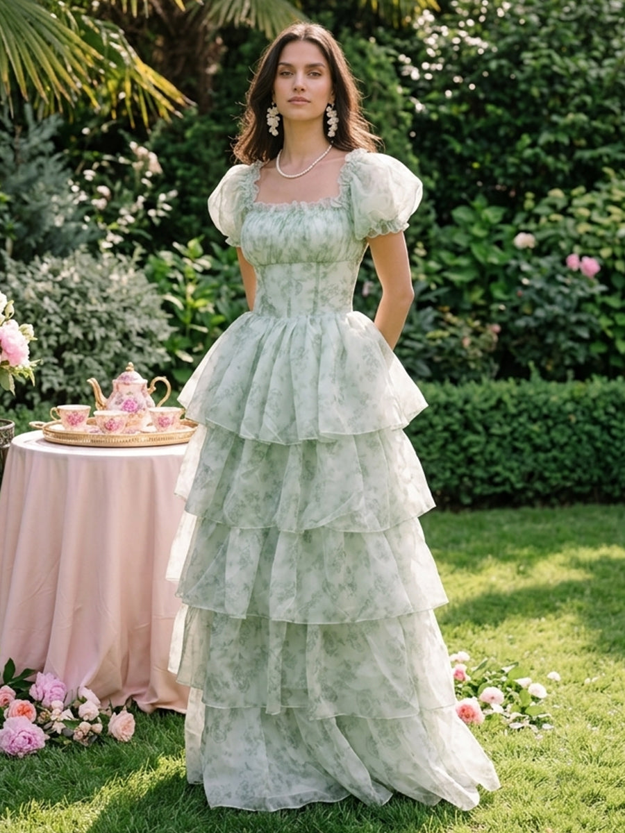 Floral Print Chiffon Prom Dresses Sage Long Tiered Ruffle Square Neck Puff Sleeve
