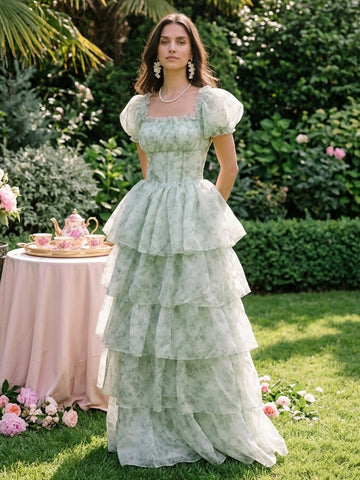Floral Print Chiffon Prom Dresses Sage Long Tiered Ruffle Square Neck Puff Sleeve