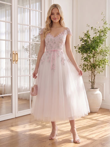 Floral Lace Tulle Midi Prom Dress Cap Sleeve V Neck Bow Belt A Line