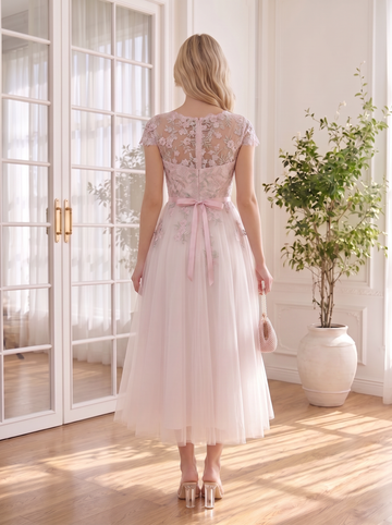 Floral Lace Tulle Midi Prom Dress Cap Sleeve V Neck Bow Belt A Line