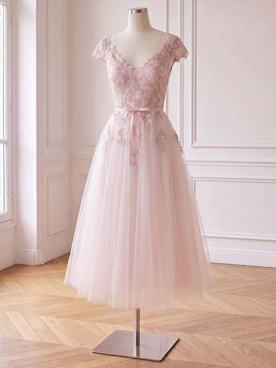 Floral Lace Tulle Midi Prom Dress Cap Sleeve V Neck Bow Belt A Line