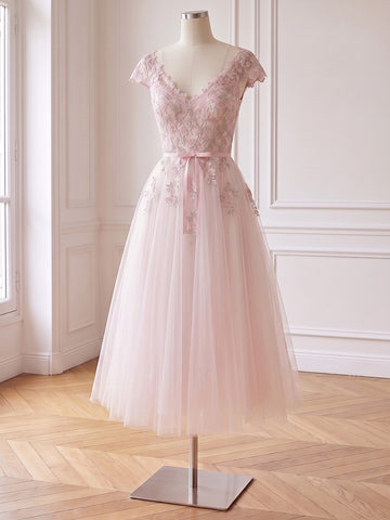 Floral Lace Tulle Midi Prom Dress Cap Sleeve V Neck Bow Belt A Line