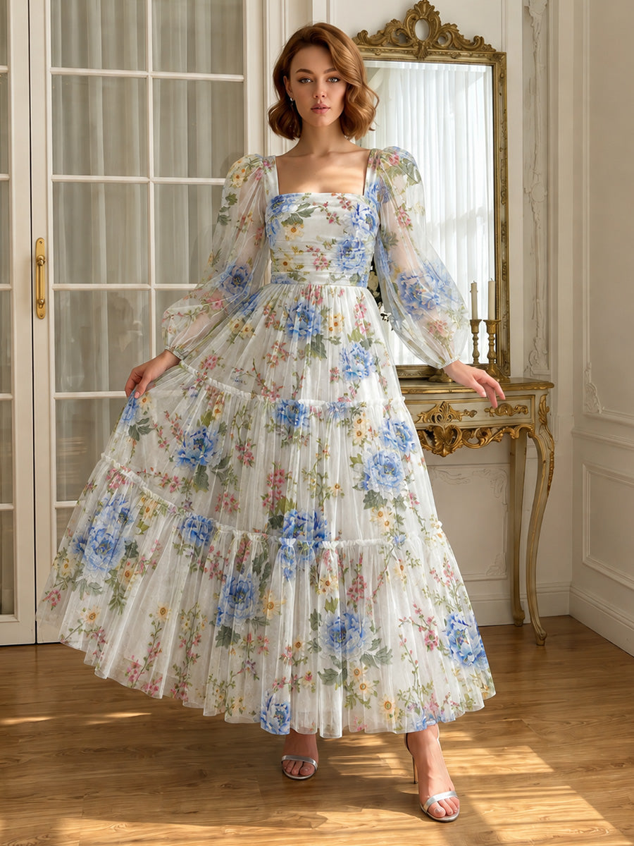 Floral Print Prom Dresses Long Tulle Tiered Ruffle Square Neck Long Sleeve