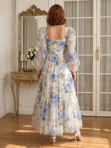 Floral Print Prom Dresses Long Tulle Tiered Ruffle Square Neck Long Sleeve