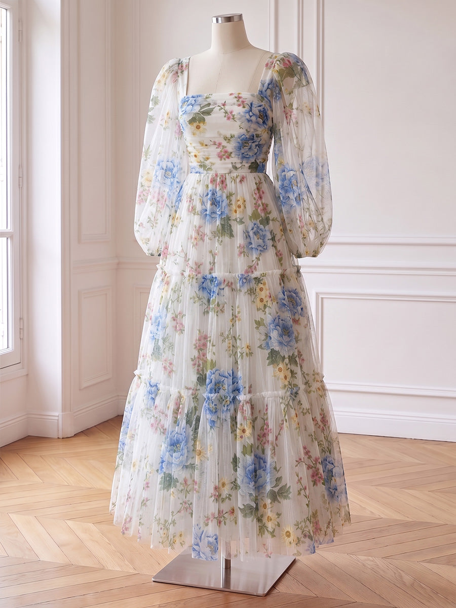 Floral Print Prom Dresses Long Tulle Tiered Ruffle Square Neck Long Sleeve