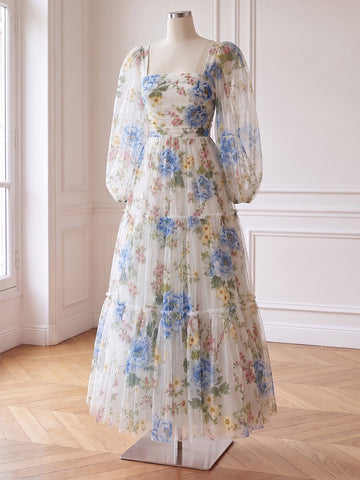 Floral Print Prom Dresses Long Tulle Tiered Ruffle Square Neck Long Sleeve