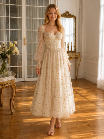 Floral Print Prom Dresses Long Tulle A Line Off Shoulder Long Sleeve