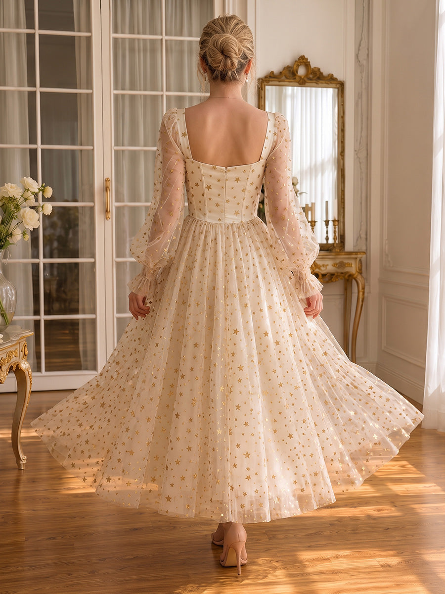 Floral Print Prom Dresses Long Tulle A Line Off Shoulder Long Sleeve