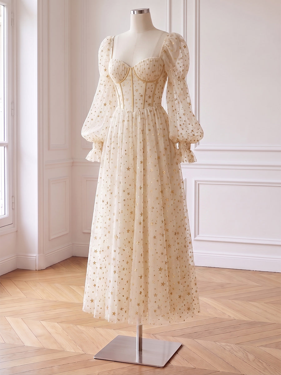 Floral Print Prom Dresses Long Tulle A Line Off Shoulder Long Sleeve