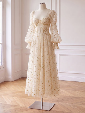 Floral Print Prom Dresses Long Tulle A Line Off Shoulder Long Sleeve