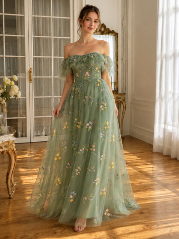 Sage Long Prom Dresses Tulle Cold Shoulder Floral Embroidered