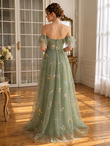 Sage Long Prom Dresses Tulle Cold Shoulder Floral Embroidered