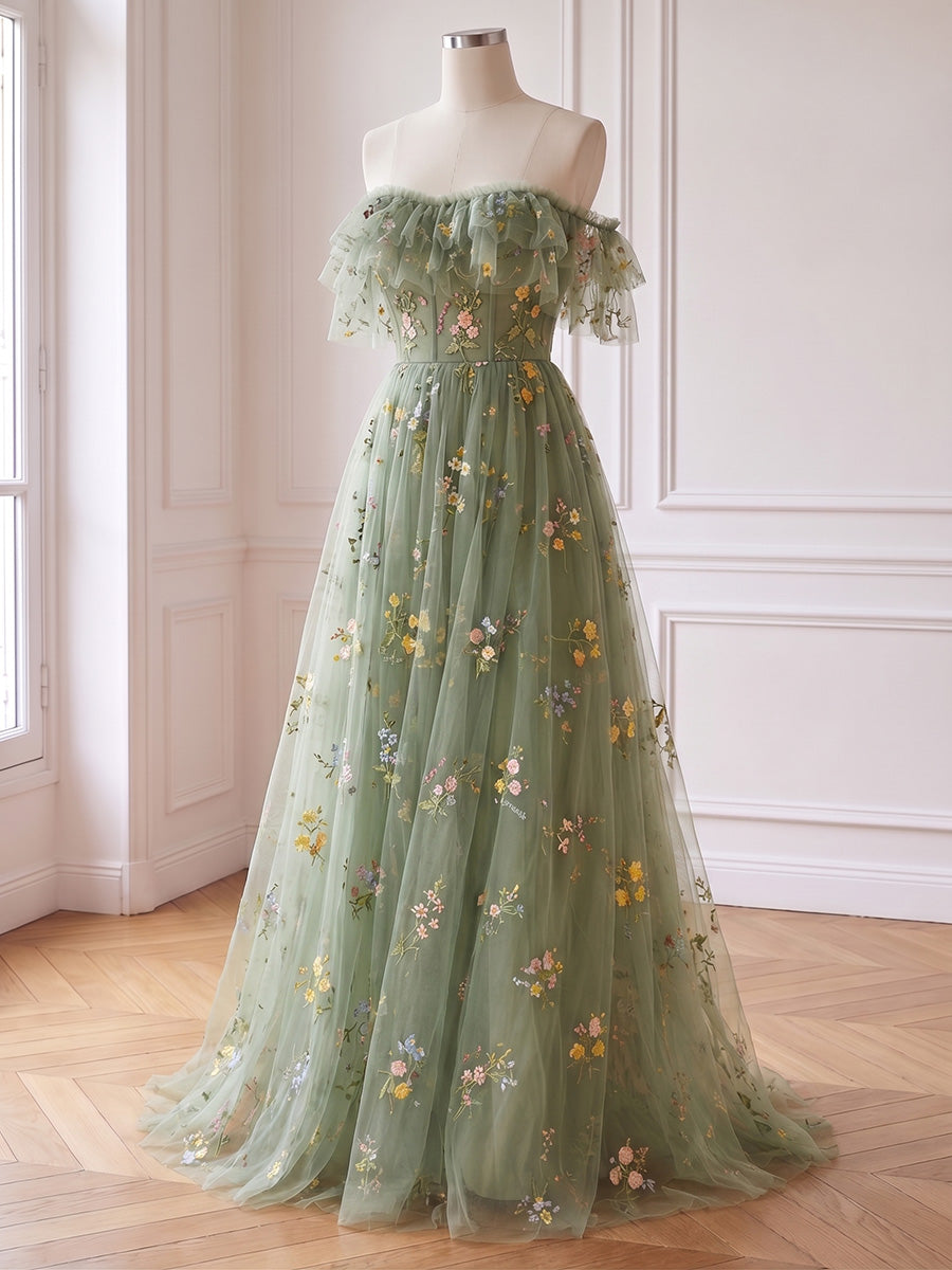 Sage Long Prom Dresses Tulle Cold Shoulder Floral Embroidered