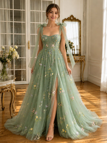 Sage Long Prom Dresses Tulle Bow Straps Floral Embroidered with Slit