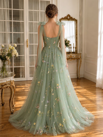 Sage Long Prom Dresses Tulle Bow Straps Floral Embroidered with Slit